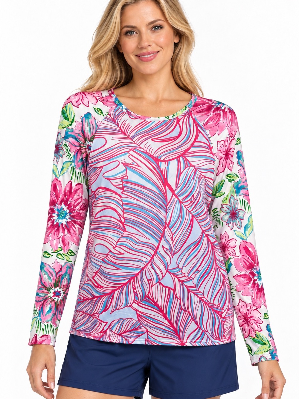 Stella Parker Size Large Rashguard Floral Pink Long-Sleeve Women's Swim Top